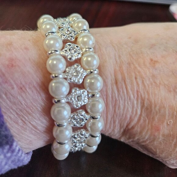 Stretch Band Faux Pearl Rhinestone Triple Layer - Picture 2 of 2